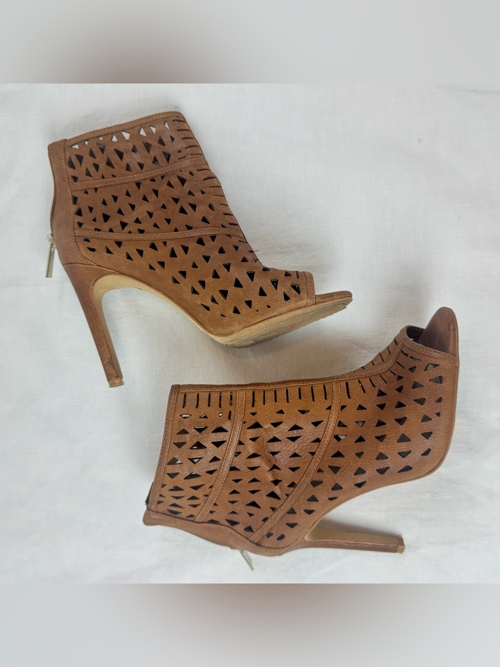 Vince Camuto Brown Leather Laser-Cut Peep-Toe Ankle Bootie Sandal Heels
